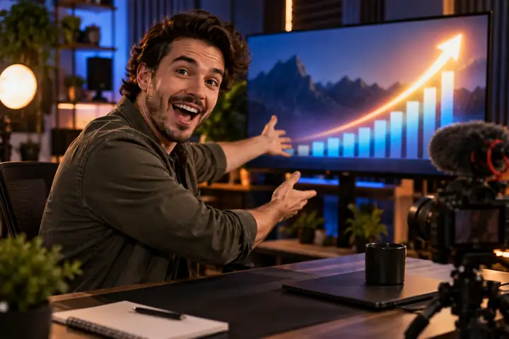 Ein Content-Creator in einem Aufnahmestudio präsentiert ein Video über das Wachstum eines Kanals, gestaltet als professionelles Video-Thumbnail