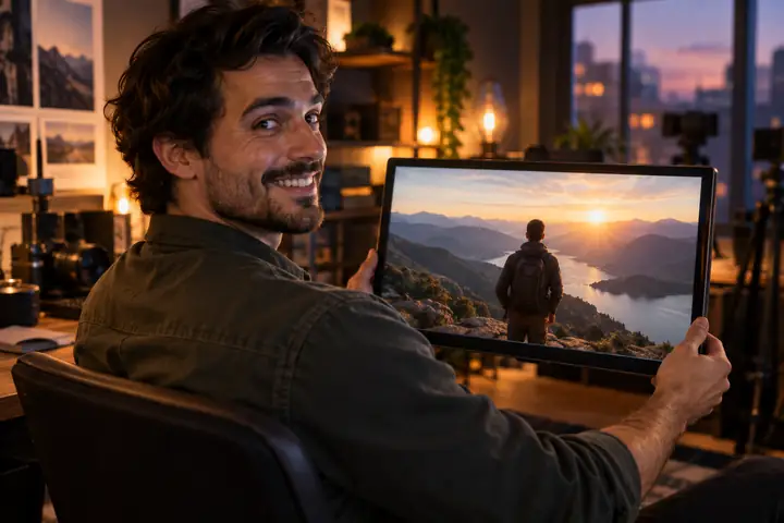 Ein Dokumentarfilm-Creator hält ein fertiggestelltes Videoprojekt in einem warm beleuchteten Schnittstudio, mit filmischer Thumbnail-Komposition