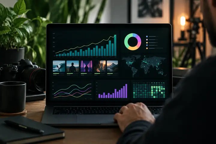 Auf einem Laptop angezeigte Analysen in einem Produktionsarbeitsbereich