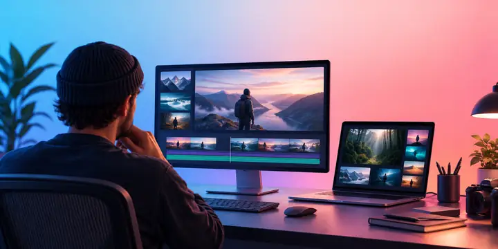 Digitale Produktionsbildschirme in einem Medienarbeitsbereich