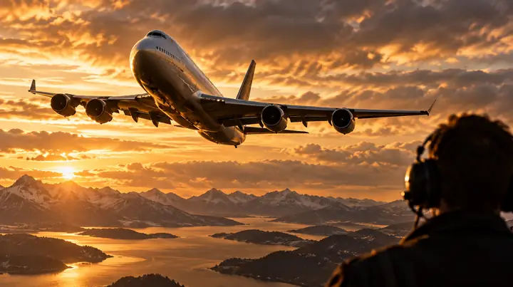 Dramatisches Thumbnail für eine Luftfahrt-Dokumentation mit einem Flugzeug im Flug