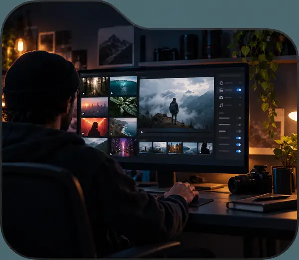 Oberfläche zur Beschaffung von Videomaterial mit Videoreferenzen und Steuerelementen für Quellen