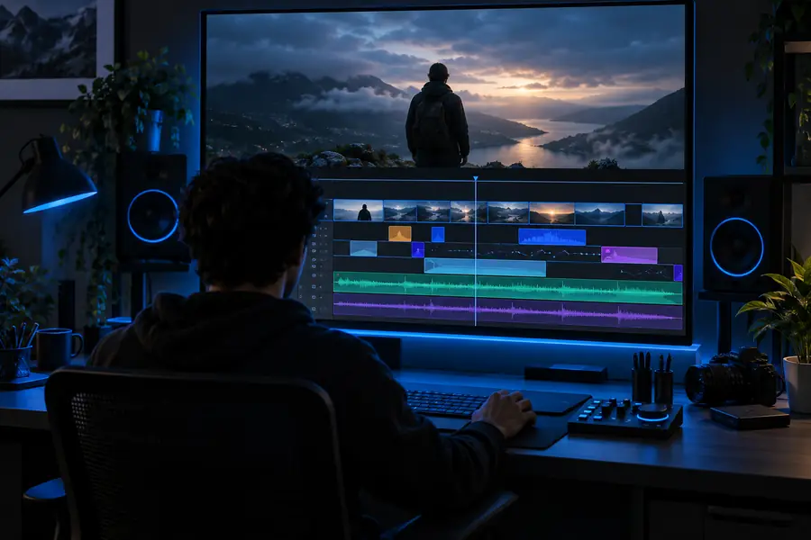 Illustrativer Video-Editing-Arbeitsbereich mit Vorschau und Zeitleiste